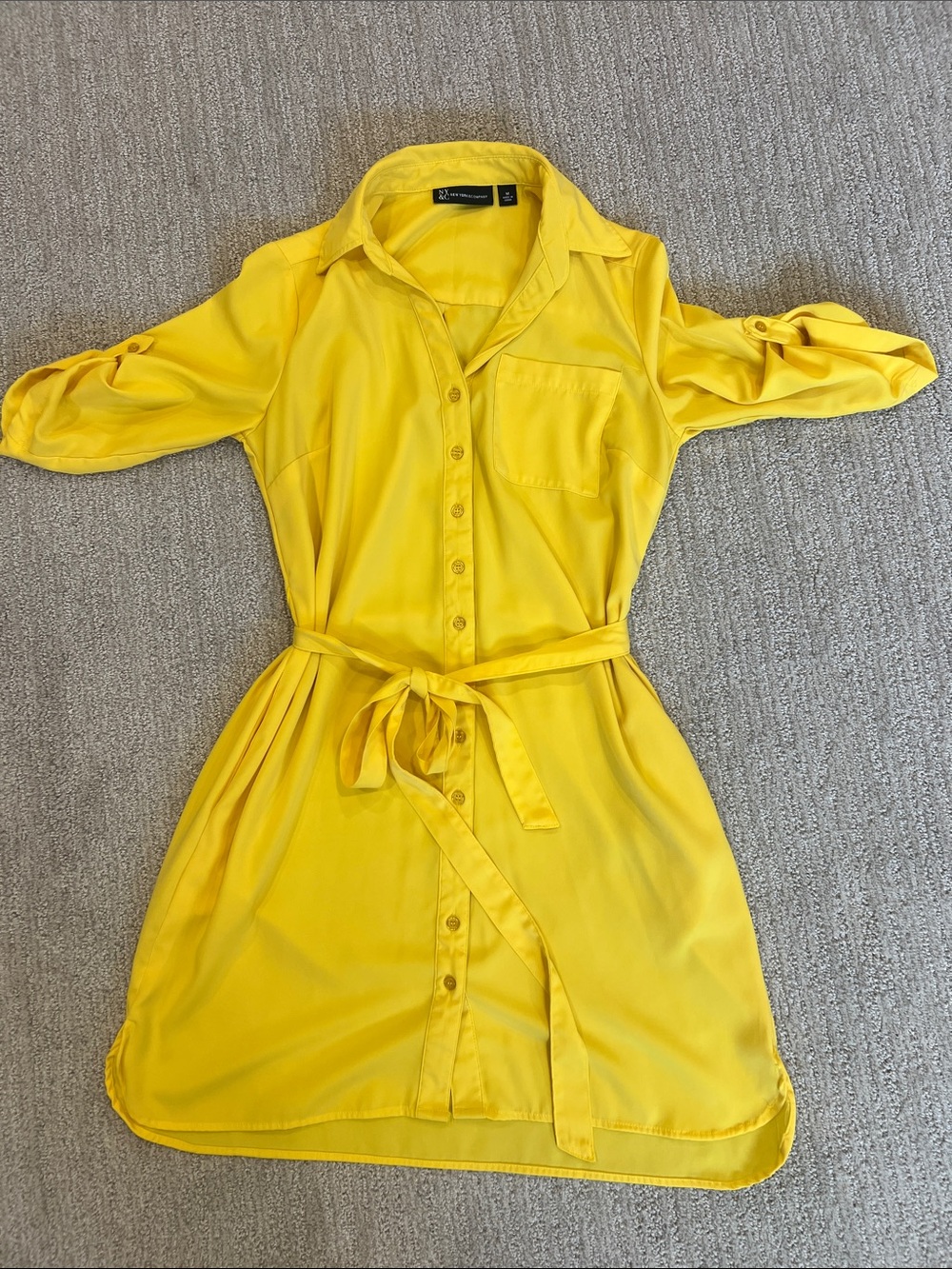 New York & Company Yellow Button-Front Shirt Dress with Waist Tie